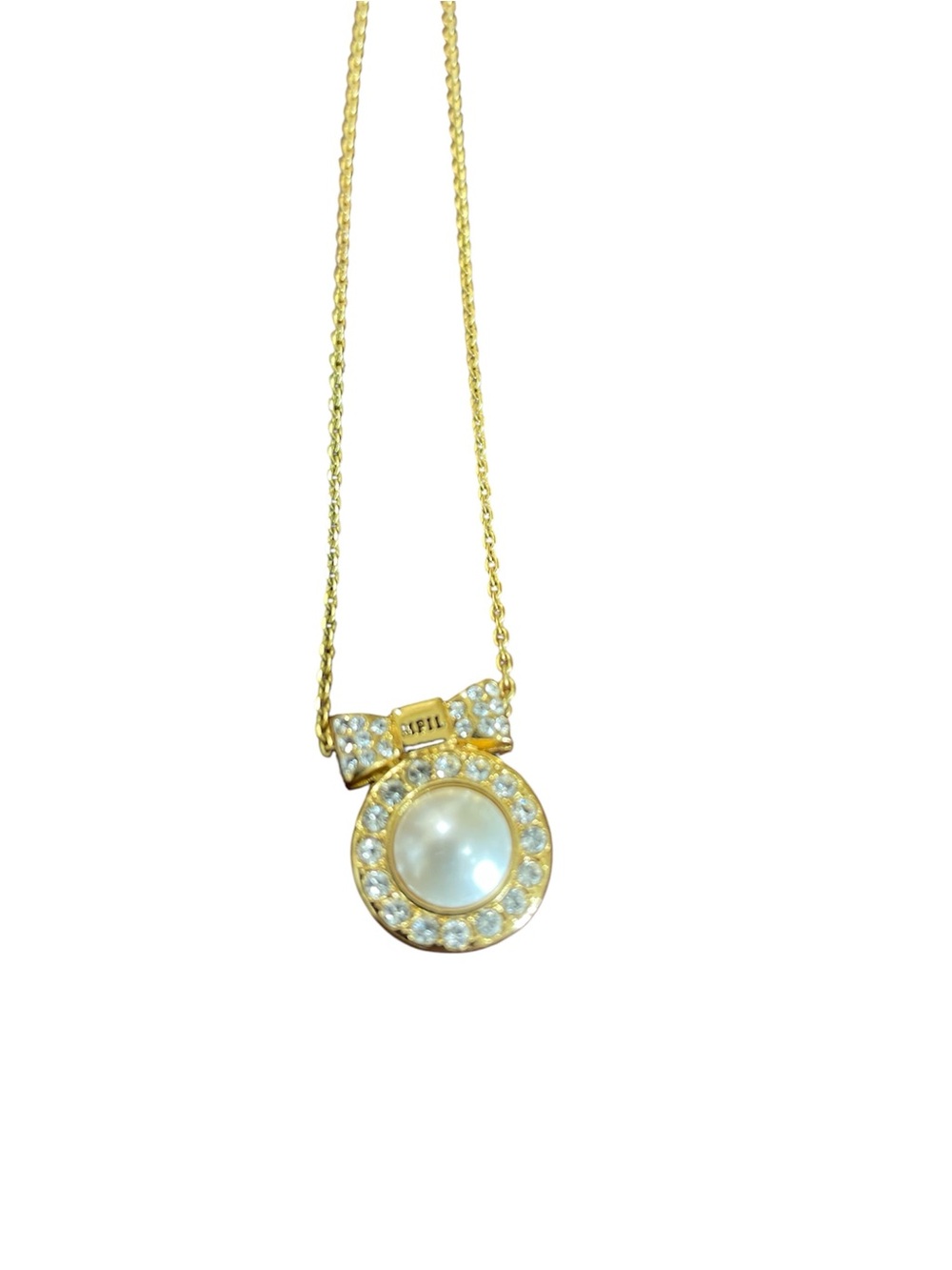Brighton “My Flat in London” Gold-Tone Pearl & Crystal Bow Pendant Necklace Rare
